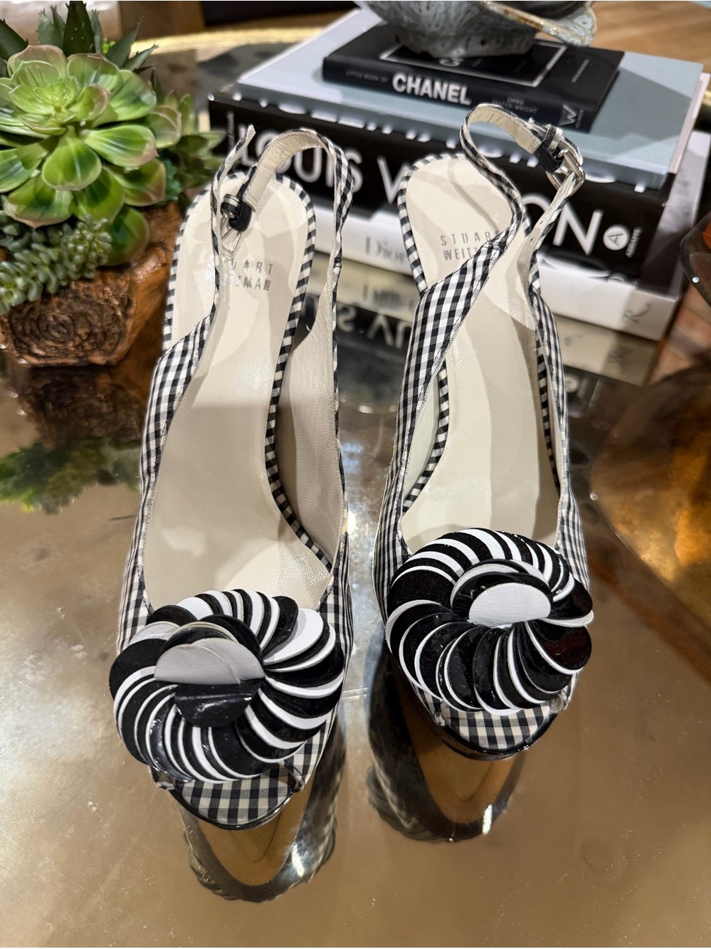 Stuart Weitzman gingham print sling back platform pumps size 8